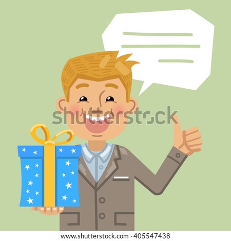 Illustration of a businessman with a gift box showing thumb up gesture. Birthday party, celebration, birthday poster, surprise, gift, present. Flat style vector illustration