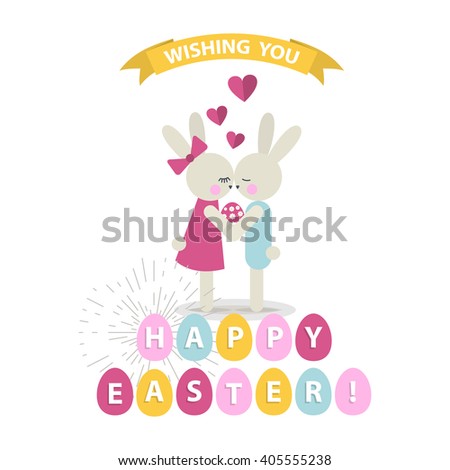  Happy Easter bunnies with eggs.Easter design elements.