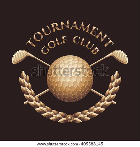 Golf tournament, competition vector logo, trophy, icon, symbol, emblem. Illustration, design element, clip art of two golf putters and ball in gold