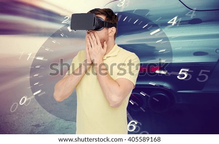 3d technology, virtual reality, entertainment and people concept - young man with virtual reality headset or 3d glasses playing game playing car racing game over tachometer and street race background