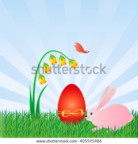 Pink rabbit near the red Easter egg in green grass on blue sky background.