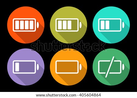White battery icon vector set in flat style with shadow isolated on a color circle