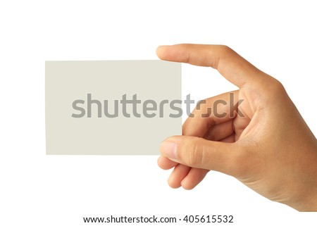 Woman hand holding blank paper business card isolated on white background