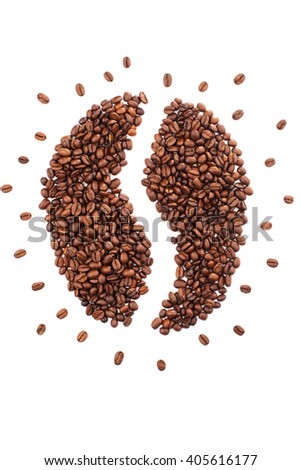 Coffee bean shape made of  many coffee beans over white background.