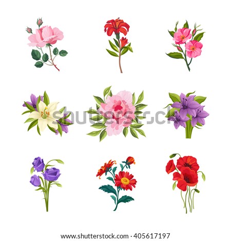 Garden Flowers Hand Drawn Vector Design Set Of Separated Icons In Realistic Style