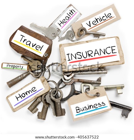 Photo of key bunch and paper tags with INSURANCE conceptual words