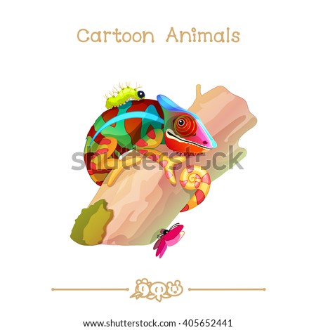 vector pic series Cartoon Animals. Amusing Animals. Colorful chameleon on the tree. Clip art isolated on transparent background. EPS10 without mesh