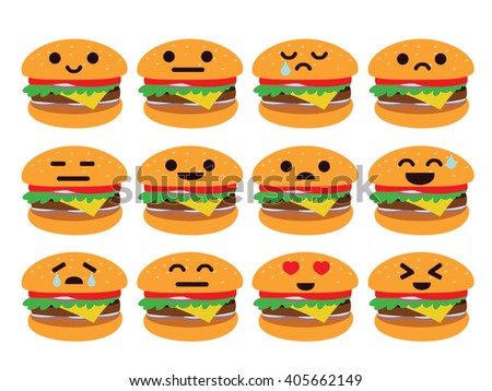 Cute funny cartoon character hamburger with eyes emotions set. Vector fast food illustration.