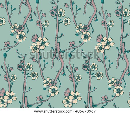 Seamless vector pattern with hand drawn graphic branches of a blossoming cherry tree. 