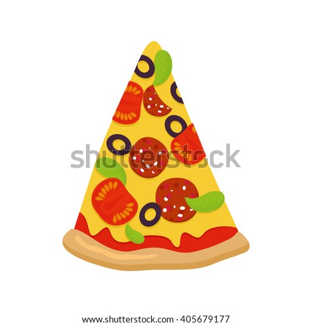 Piece of pizza on white background. Tomatoes and sausage cheese and greens. Crispy crust. tortilla isolated on backdrop. Italian traditional food.
