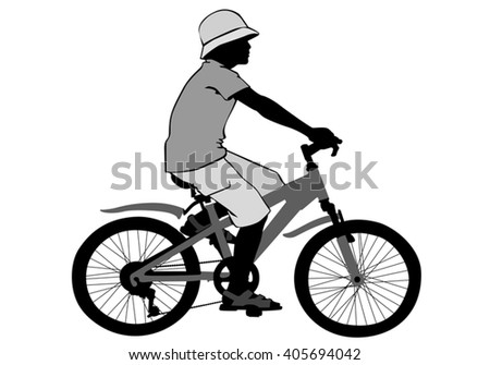 A boy rides a bicycle on a walk. Silhouette on a white background.