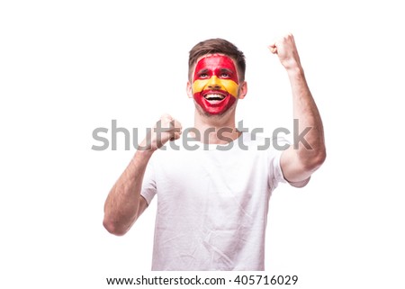 Victory, happy and goal scream emotions of Spain football fan in game support of  Spain national team on white background. European football fans concept.