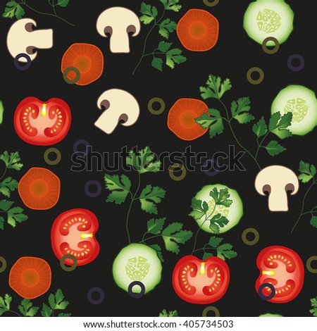 Tomato, parsley, carrot  & cucumber vector seamless pattern. Vegetable vegetarian template on the black background. Vegetable mix slice, salad bar template. EPS 10