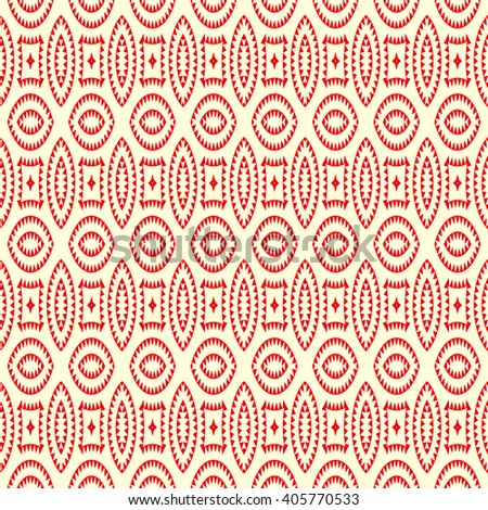 Seamless pattern with symmetric geometric ornament. Red white triangles and polygons abstract background. Abstract repeated figures wallpaper. Vector illustration