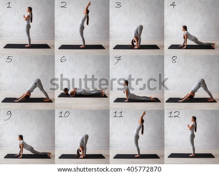 Surya namaskar. Sun salutation complex. Woman practicing advanced yoga. A series of yoga poses Royalty-Free Stock Photo #405772870