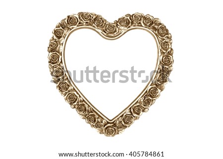 Golden heart picture frame isolated on white with clipping path.