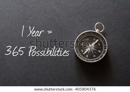Inspirational quote : 1 Year = 365 Possibilities ,on black background with compass