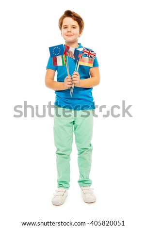 Whole-length picture of boy with different flags
