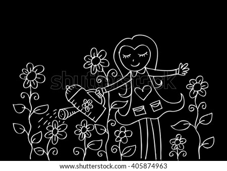 Illustration of a Kid Watering Flowers
