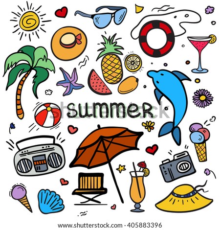 Vector colorful sketchy line art Doodle cartoon set of objects and symbols for summer holidays.  Vector illustration for web, mobile and print