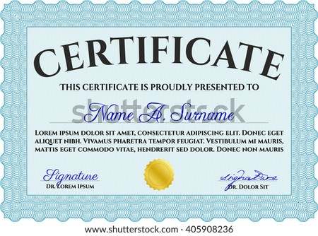 Diploma or certificate template. Vector illustration. Lovely design. With complex background. Light blue color.
