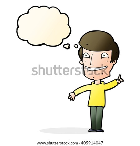 cartoon grinning man with idea with thought bubble