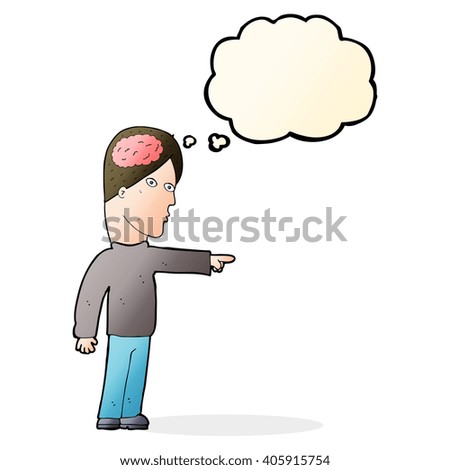 cartoon clever man pointing with thought bubble