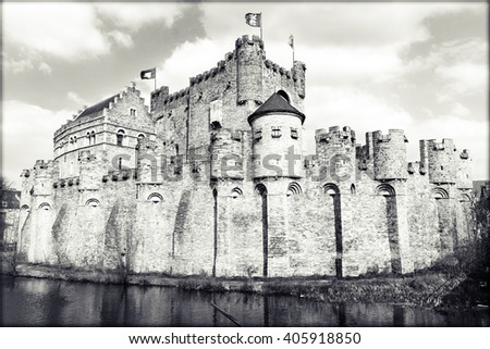 RETRO PHOTO FILTER EFFECT: Medieval castle Gravensteen (Castle of the Counts) in Gent, Belgium. Castle was built in 1180 by count Philip of Alsace.
