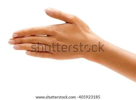 Woman's Hand the outstretched in greeting isolated on white background. High resolution product. Close up