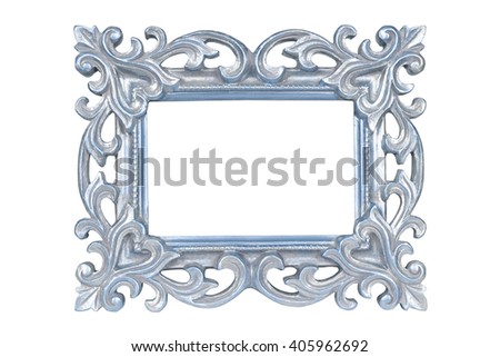 Silver blue carved picture frame isolated over white with clipping path.