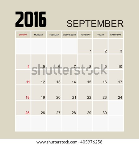 Template of calendar for SEPTEMBER 2016.