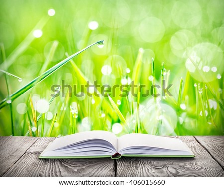 Open book on table on background of grass