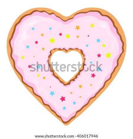 Heart shaped and white chocolate covered isolated  donut clip art with colorful star toppings on a white background - Eps10 Vector graphics and illustration