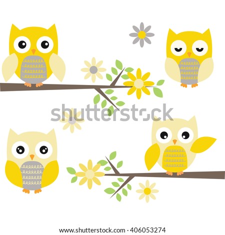 Cut Owl with Branches.Yellow and Grey Owl.Flowers.