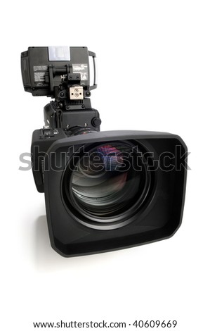 HD video camera with view close to lens over white background