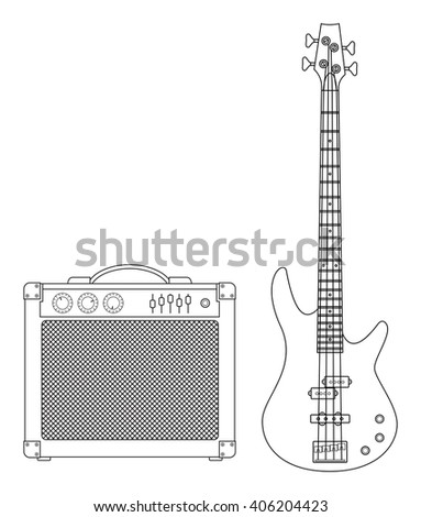 Rock electric bass guitar and amplifier for concerts and festivals outlined and in black and white