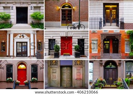 Photo collage of colorful front doors to Manhattan houses and homes. Collage of the New York city doors. Different american front entrance doors from the NYC, USA. Colorful living compilation set.