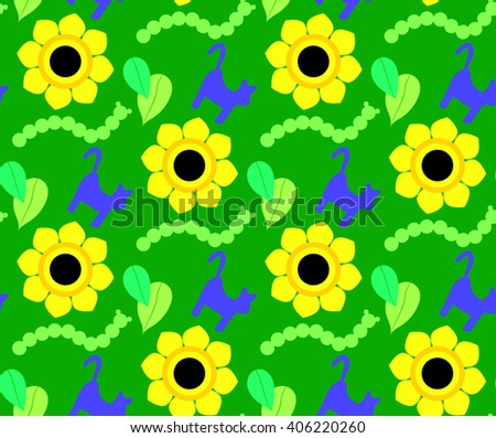 Children pattern colorful cats, sunflowers, caterpillar, leaves on a green background. Bright children's drawing, pattern, for printing on fabric, paper, packaging, wallpaper.