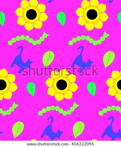 Children pattern colorful cats, sunflowers, caterpillar, leaves on a purple background. Bright children's drawing, pattern, for printing on fabric, paper, packaging, wallpaper.