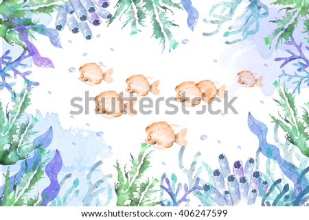 Creative Illustration and Innovative Art: Frame of Sea Plants and Fish, Water Color Style. Realistic Fantastic Cartoon Style Artwork Scene, Wallpaper, Story Background, Card Design
