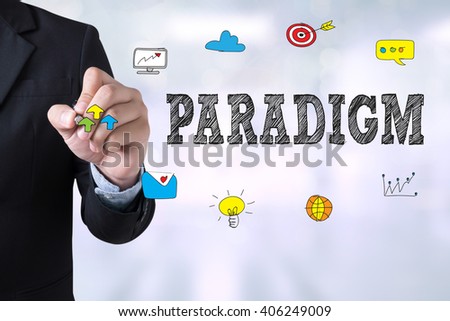 PARADIGM Businessman drawing Landing Page on blurred abstract background