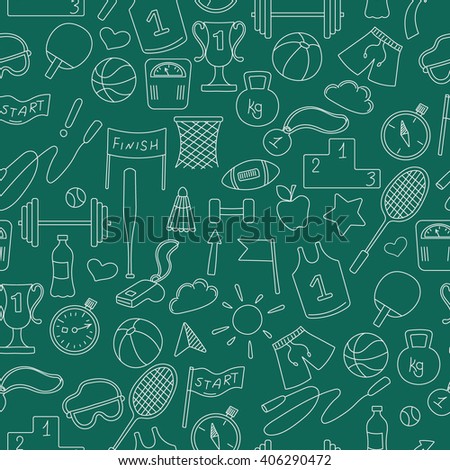 Seamless pattern on a theme sports and exercise, a light outline against a green background