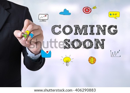 COMING SOON Businessman drawing Landing Page on blurred abstract background