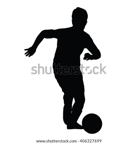 Young soccer player silhouette, kid plays soccer or football. Front view. Football player is taking off with the ball
