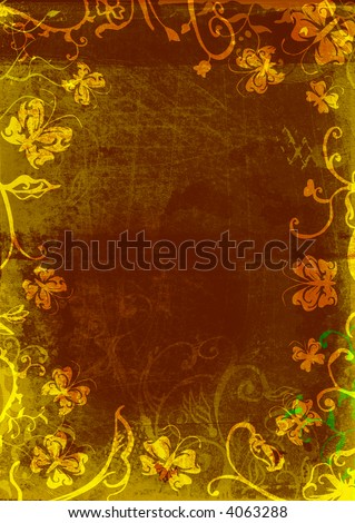 Grunge page with paper texture and floral borders with swirls, scrolls and nature butterfly elements