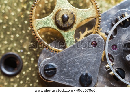 Clockwork Background. Close-up of Old Clock Watch Mechanism With Gears Macro