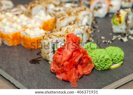 Close up of japanese sushi on wooden board