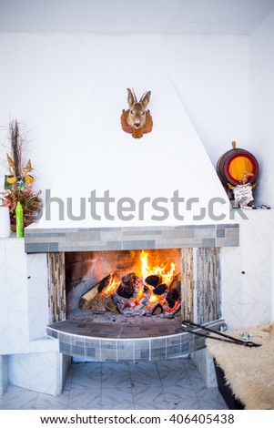 Burning Fireplace in winter time Royalty-Free Stock Photo #406405438