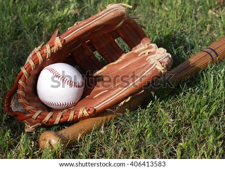 baseball bat, ball and glove on grass