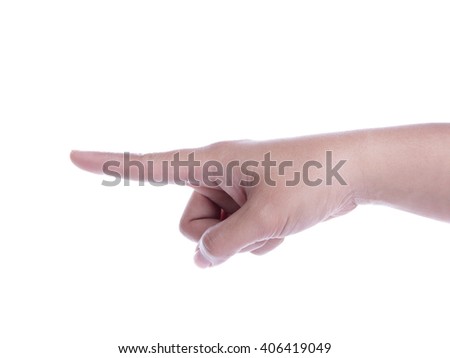 A hand pointing finger, close up portrait isolated on white background